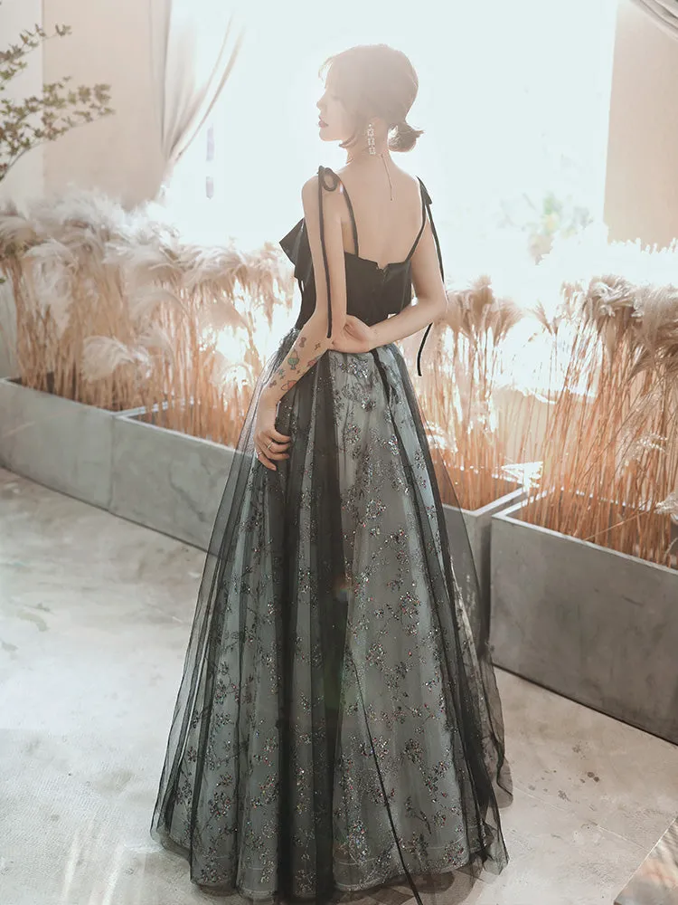 Black Velvet and Lace Tulle Straps Long Party Dress, Black Evening Dress Prom Dresses