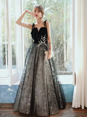 Black Velvet and Lace Tulle Straps Long Party Dress, Black Evening Dress Prom Dresses