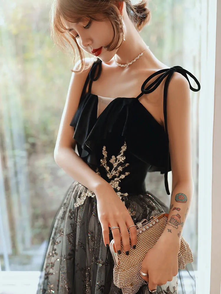 Black Velvet and Lace Tulle Straps Long Party Dress, Black Evening Dress Prom Dresses