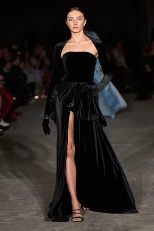 Black Velvet Strapless Bubble Peplum Gown