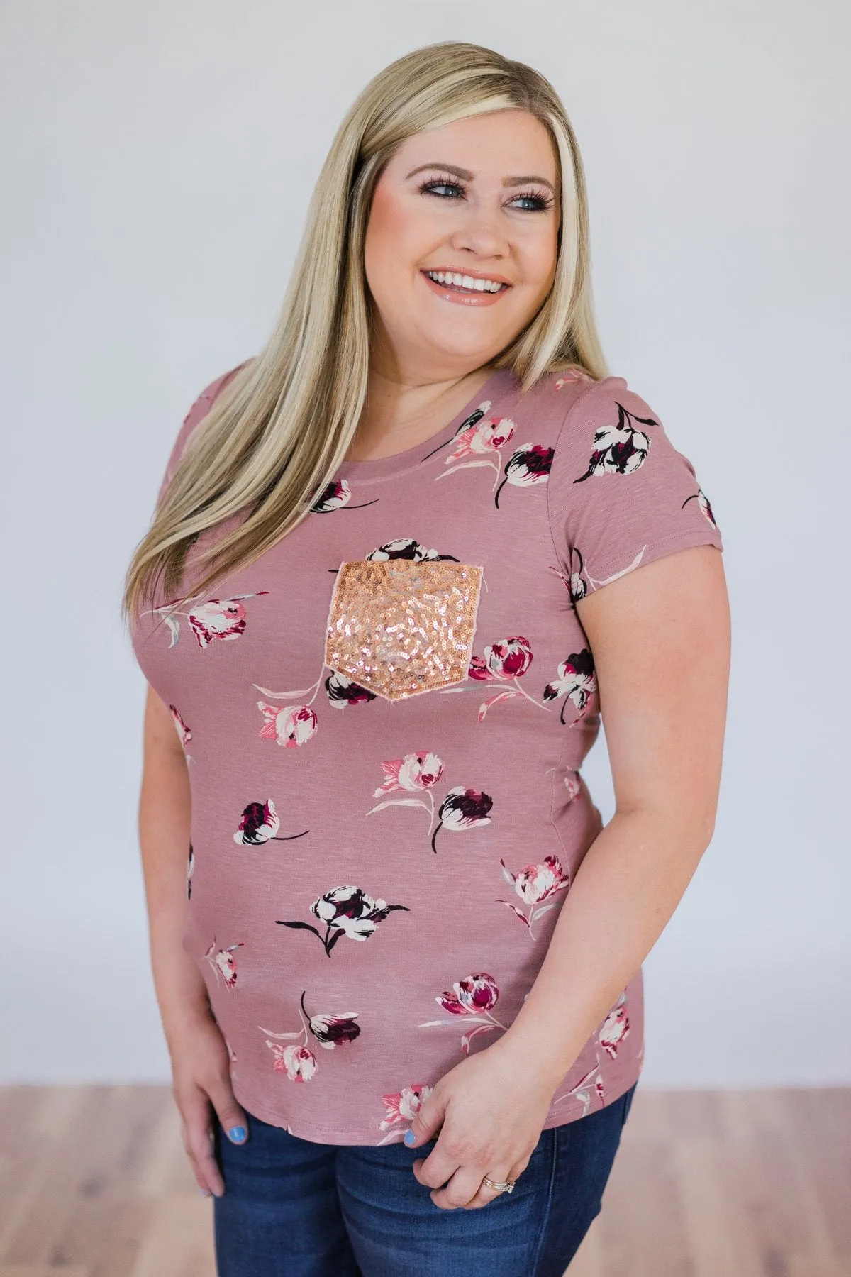 Blooming Romance Floral Glam Pocket Top- Mauve