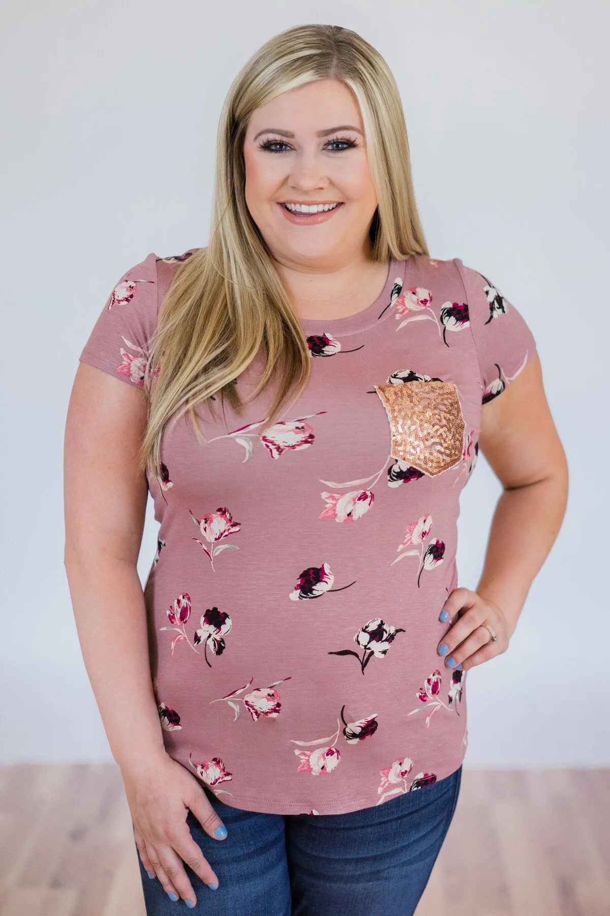 Blooming Romance Floral Glam Pocket Top- Mauve