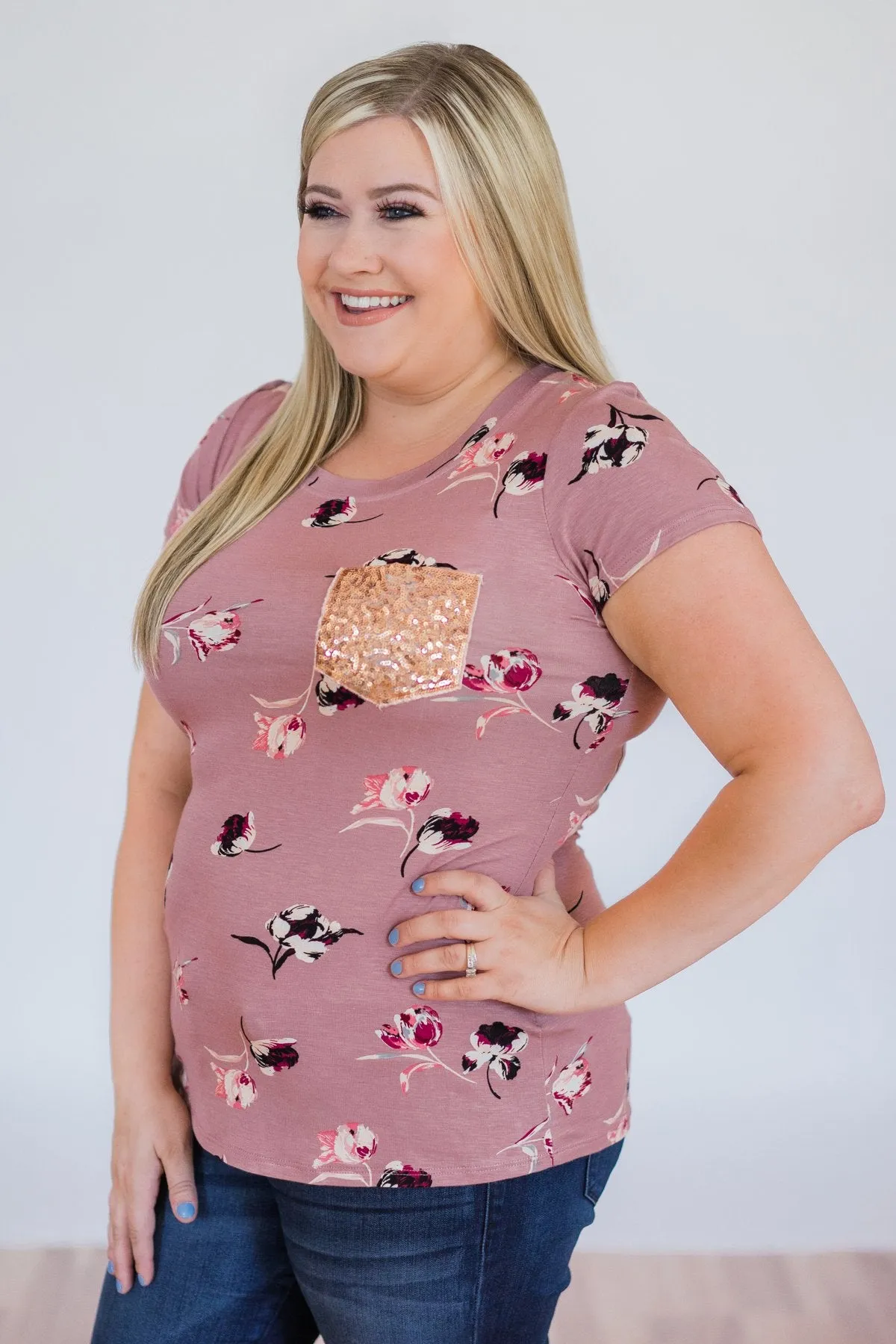 Blooming Romance Floral Glam Pocket Top- Mauve