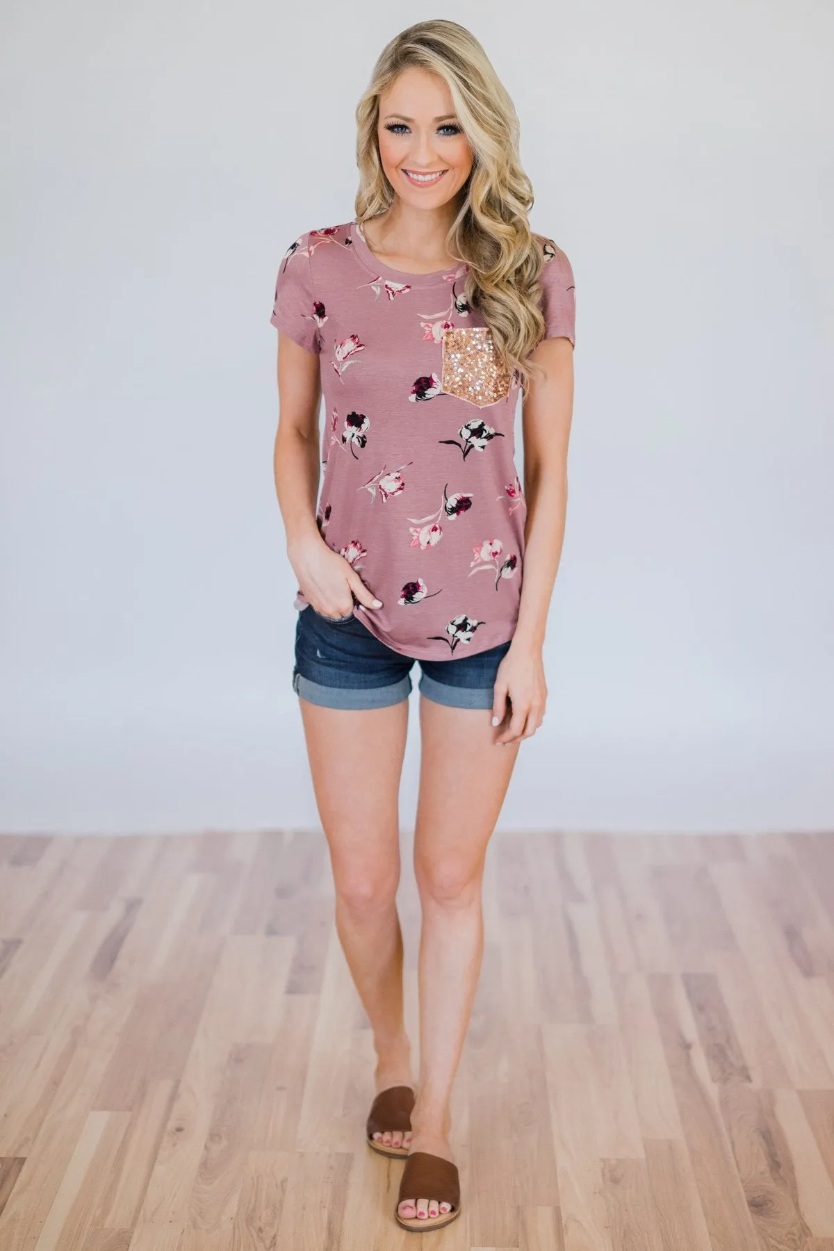 Blooming Romance Floral Glam Pocket Top- Mauve