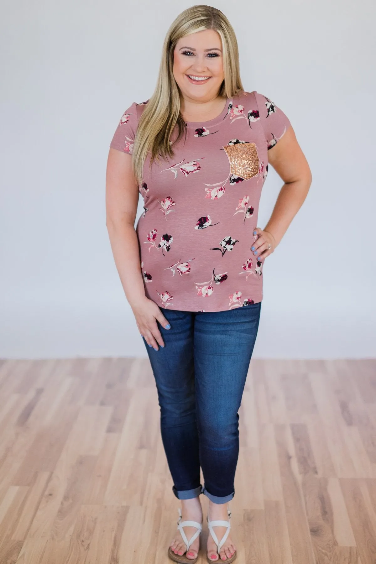 Blooming Romance Floral Glam Pocket Top- Mauve