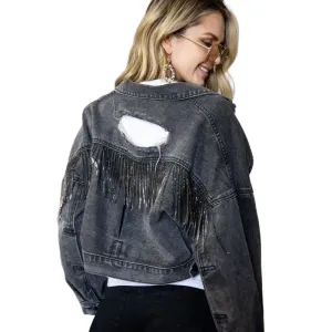 BLUE B. Charcoal Gray Rhinestone Fringe Distressed Denim Jacket 1409J