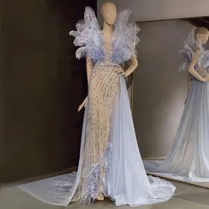 Blue Feather Beaded Evening Dresses Gowns Luxury