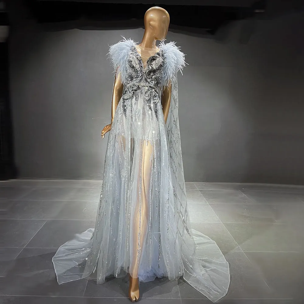 Blue Feather Beaded Evening Dresses Gowns Luxury