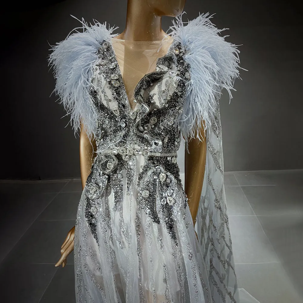 Blue Feather Beaded Evening Dresses Gowns Luxury
