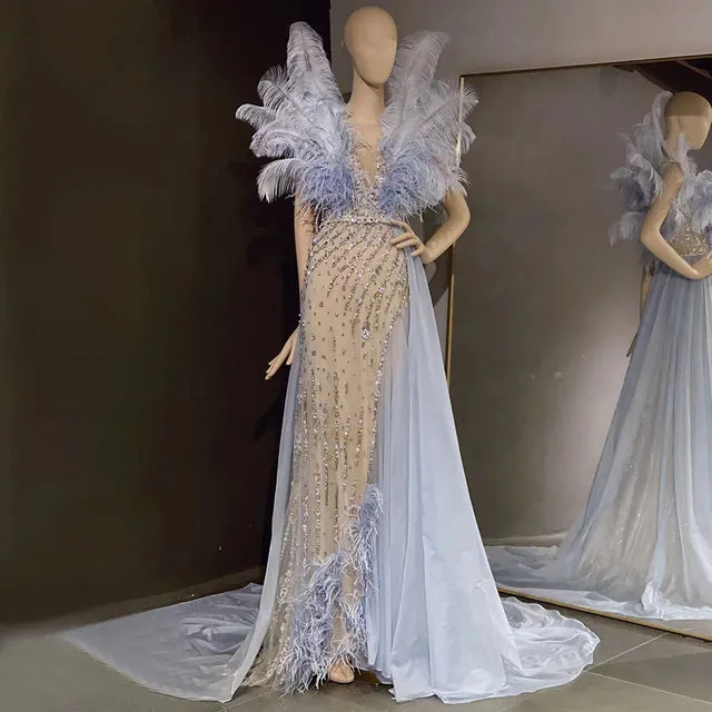 Blue Feather Beaded Evening Dresses Gowns Luxury