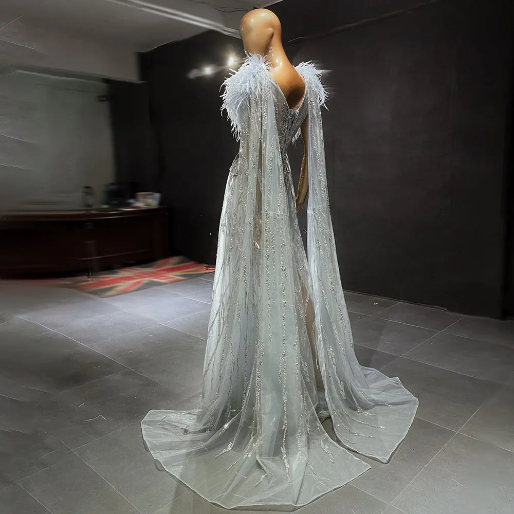 Blue Feather Beaded Evening Dresses Gowns Luxury