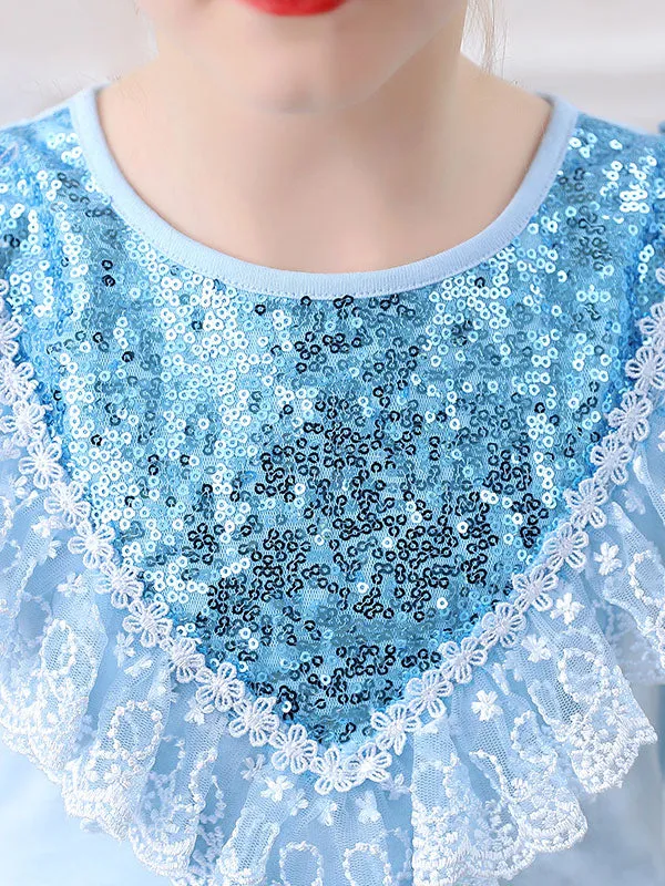 Blue Jewel Neck Lace Sleeveless Short Princess Dress Kids Social Party Dresses