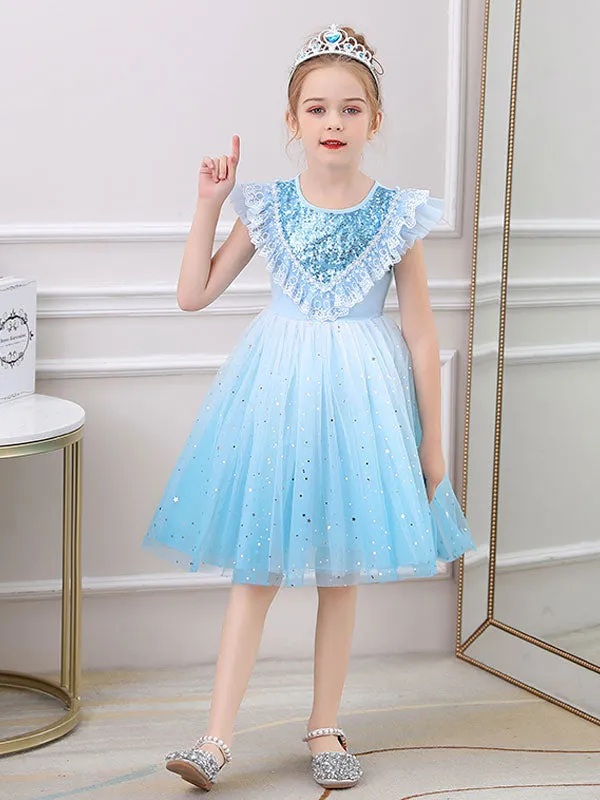 Blue Jewel Neck Lace Sleeveless Short Princess Dress Kids Social Party Dresses