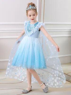 Blue Jewel Neck Lace Sleeveless Short Princess Dress Kids Social Party Dresses