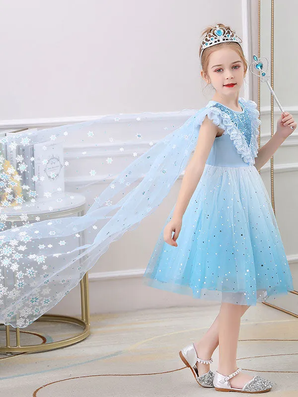 Blue Jewel Neck Lace Sleeveless Short Princess Dress Kids Social Party Dresses