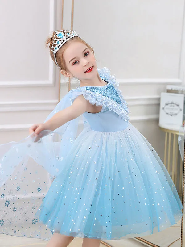 Blue Jewel Neck Lace Sleeveless Short Princess Dress Kids Social Party Dresses