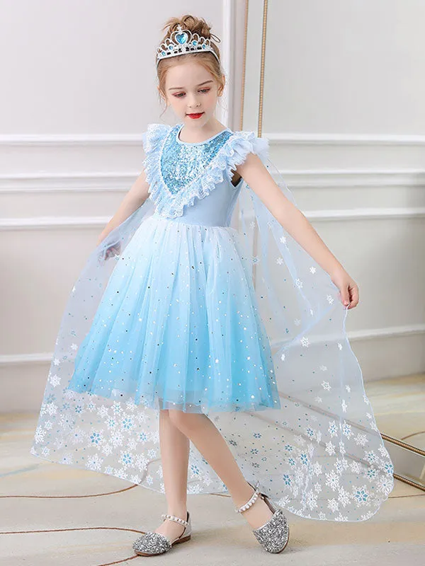 Blue Jewel Neck Lace Sleeveless Short Princess Dress Kids Social Party Dresses