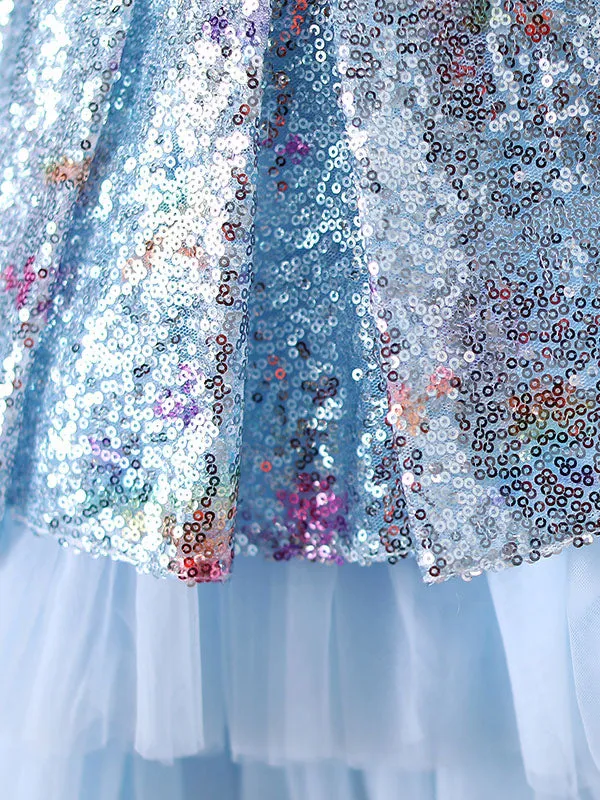 Blue Jewel Neck Sleeveless Bows Kids Social Party Dresses Princess Dress