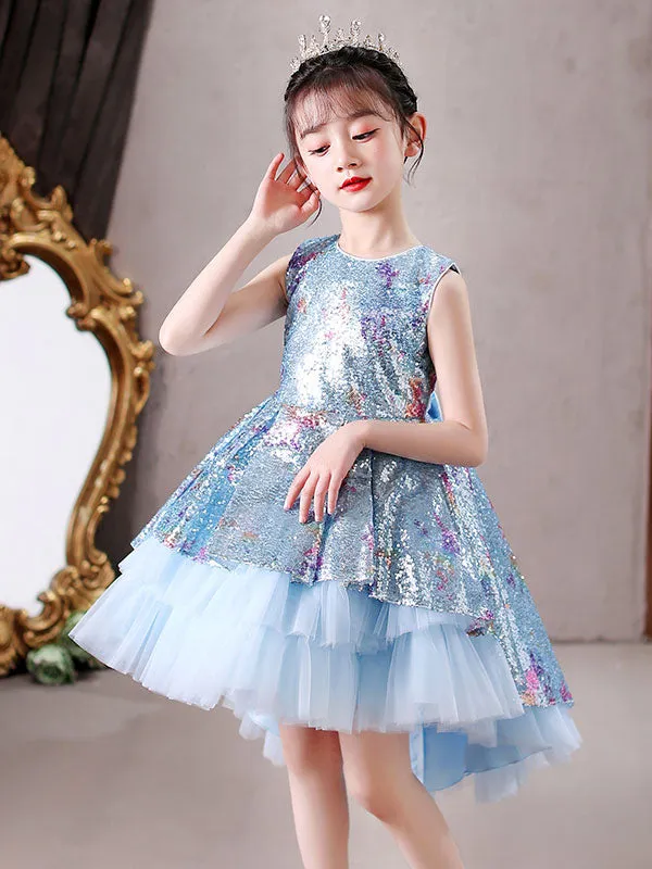 Blue Jewel Neck Sleeveless Bows Kids Social Party Dresses Princess Dress