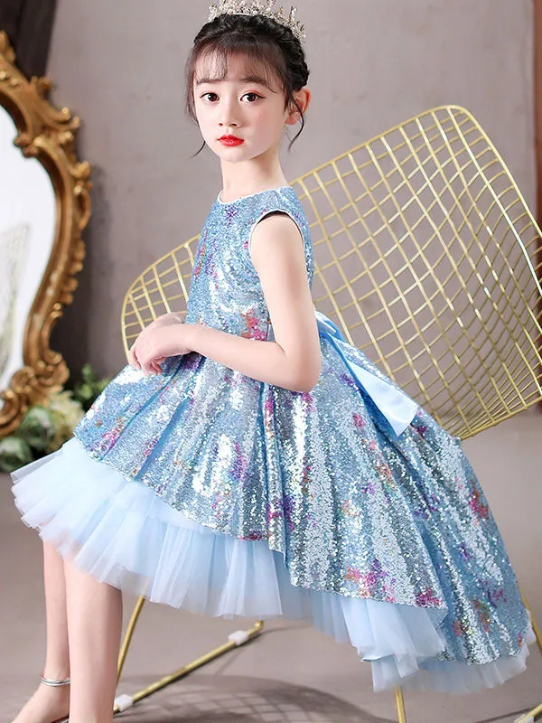 Blue Jewel Neck Sleeveless Bows Kids Social Party Dresses Princess Dress