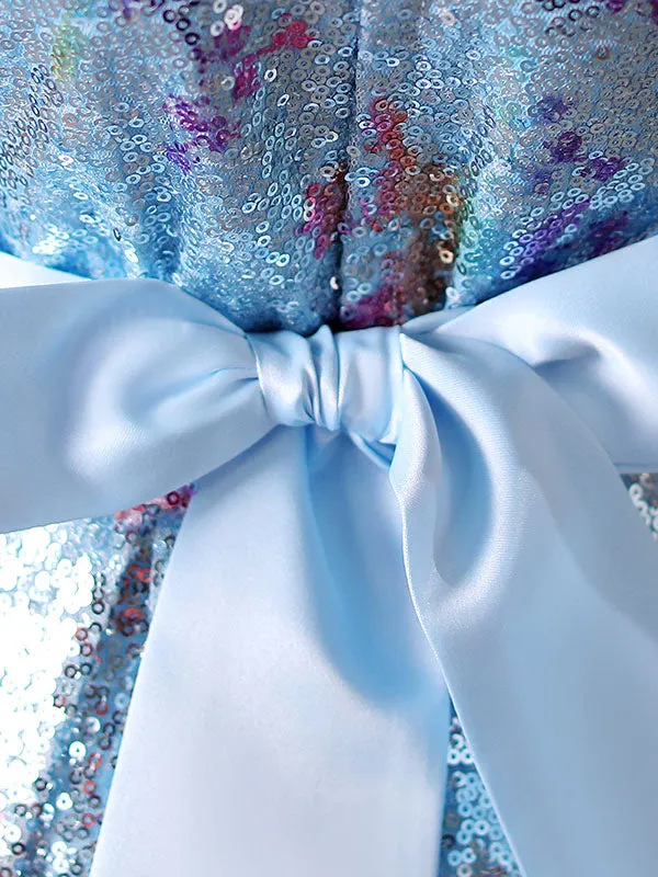 Blue Jewel Neck Sleeveless Bows Kids Social Party Dresses Princess Dress