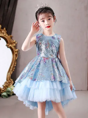 Blue Jewel Neck Sleeveless Bows Kids Social Party Dresses Princess Dress
