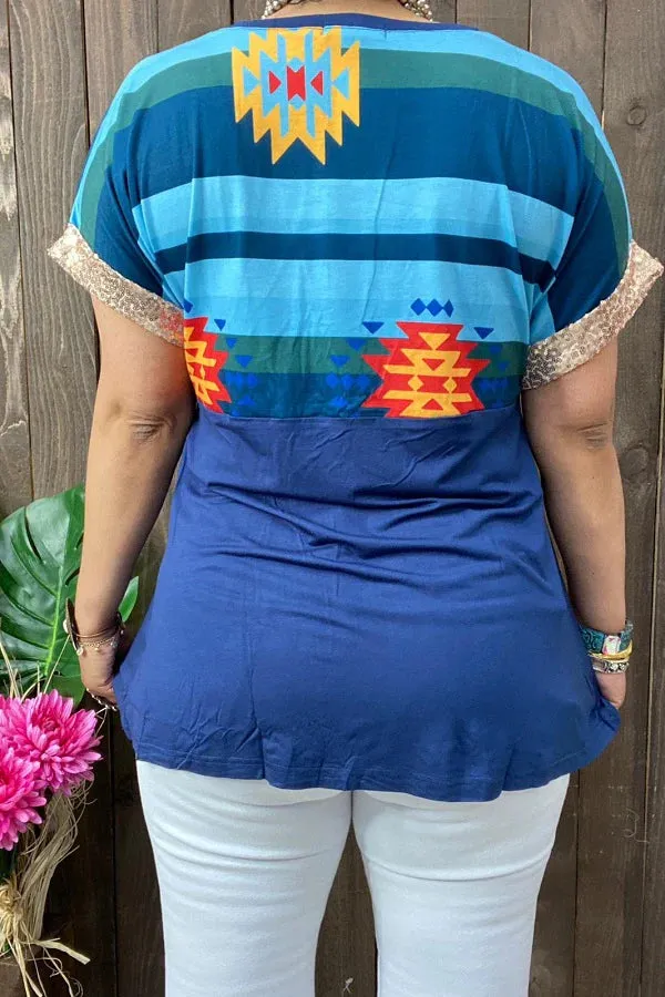 Blue tribal top with sequin trim short sleeves
