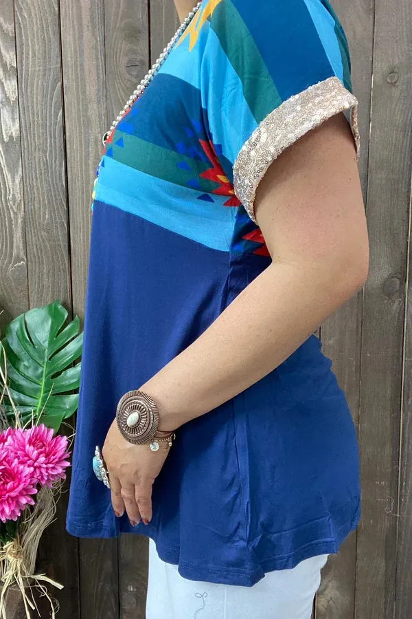 Blue tribal top with sequin trim short sleeves