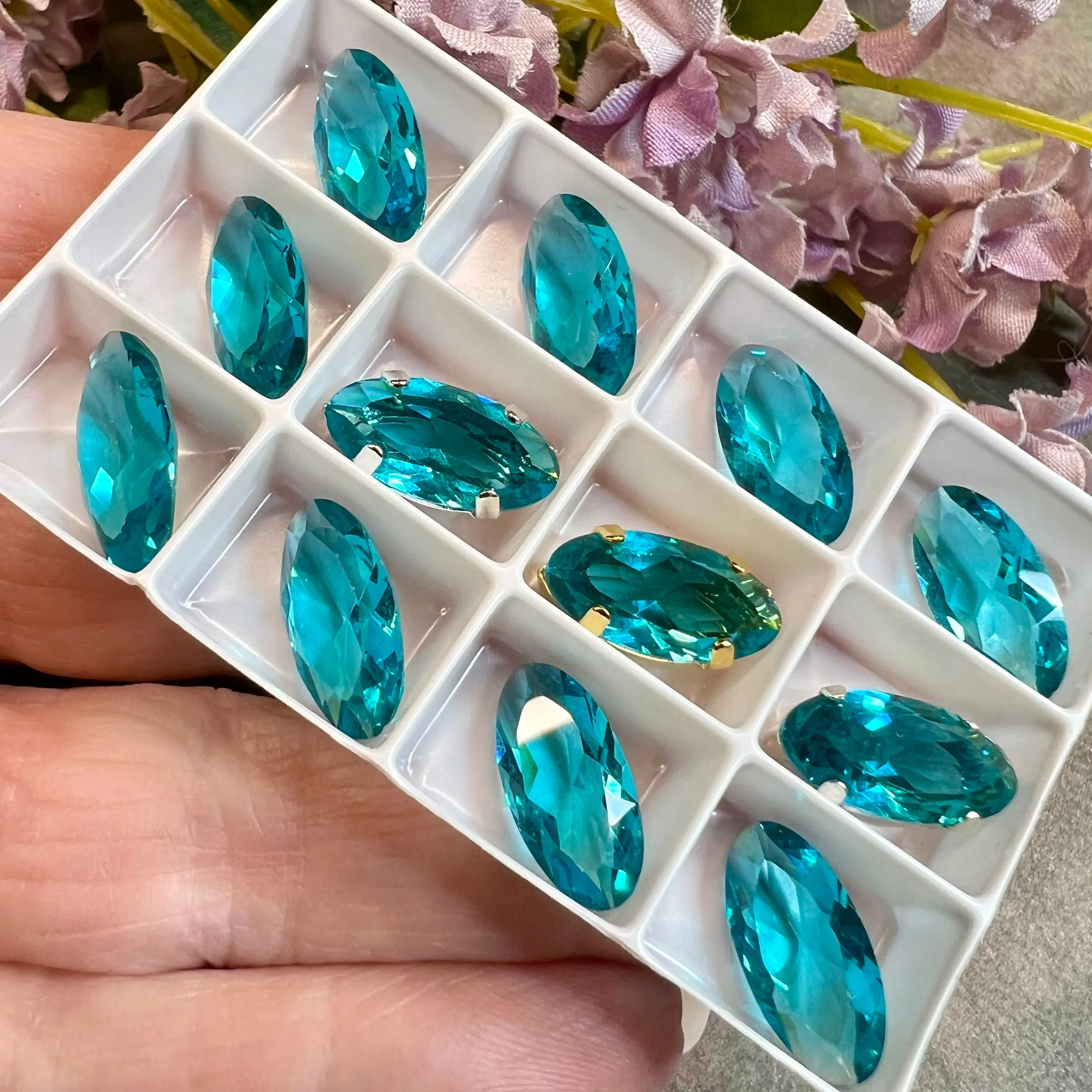 Blue Zircon, Rare Vintage Swarovski 14x7mm Rounded Navette, With Setting
