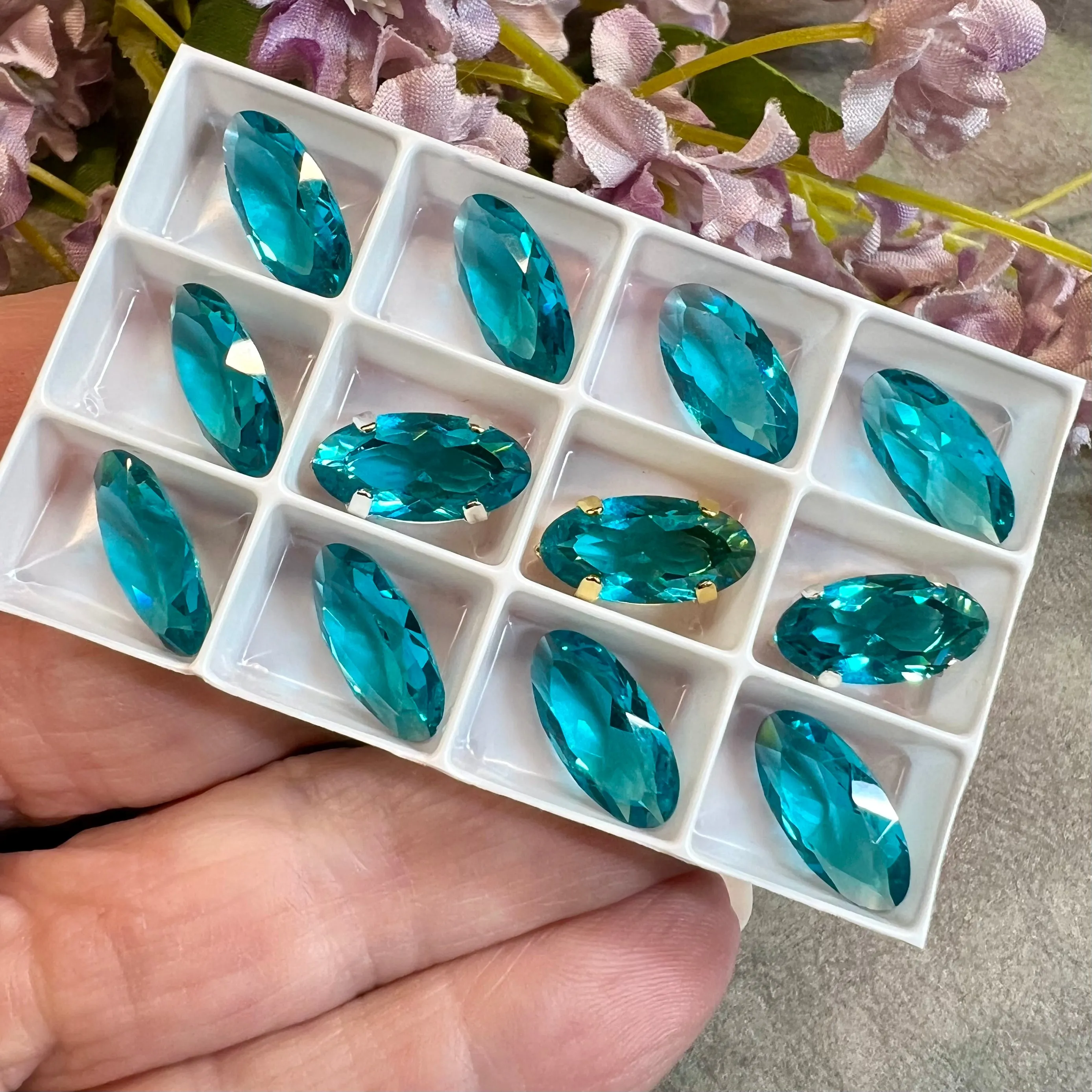 Blue Zircon, Rare Vintage Swarovski 14x7mm Rounded Navette, With Setting