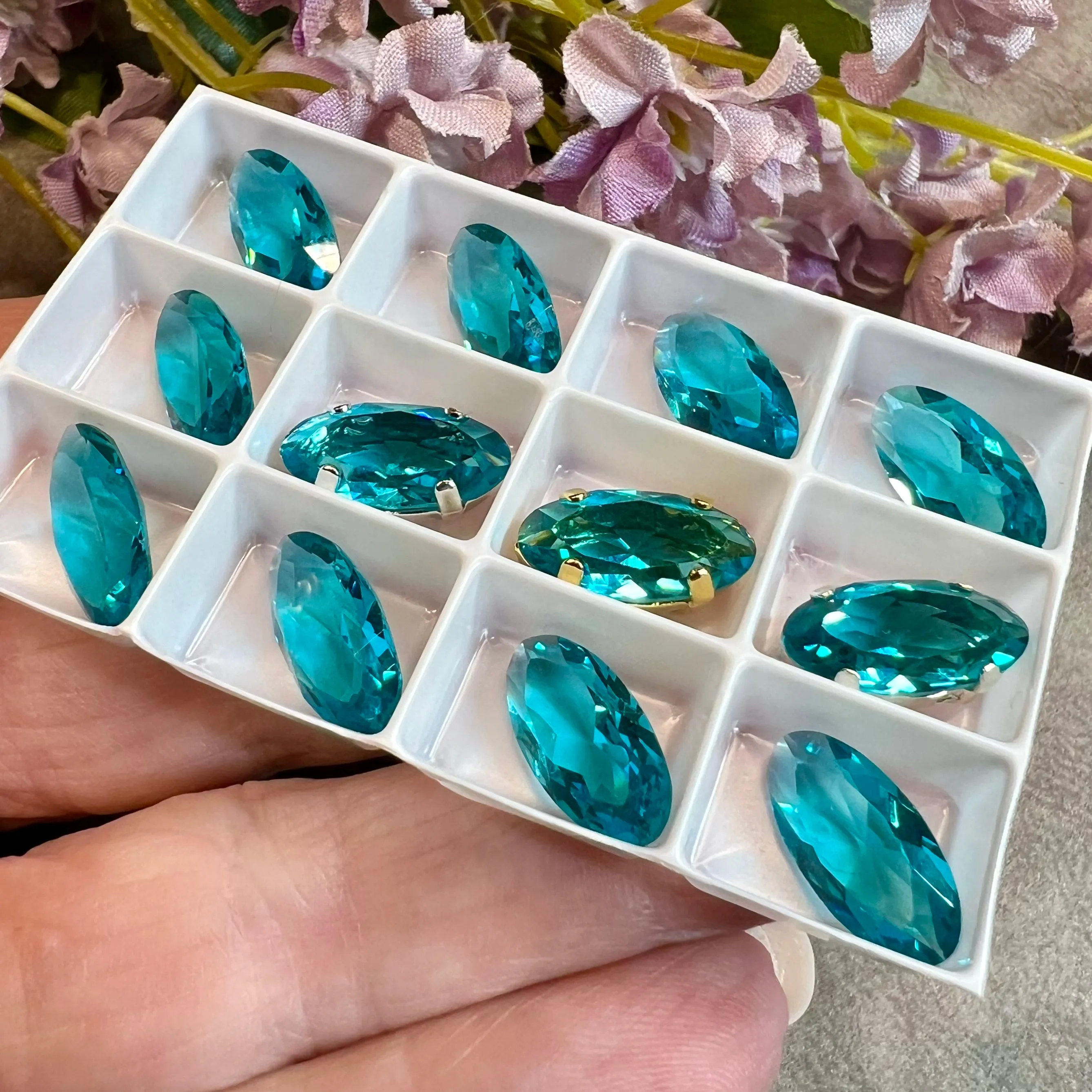 Blue Zircon, Rare Vintage Swarovski 14x7mm Rounded Navette, With Setting