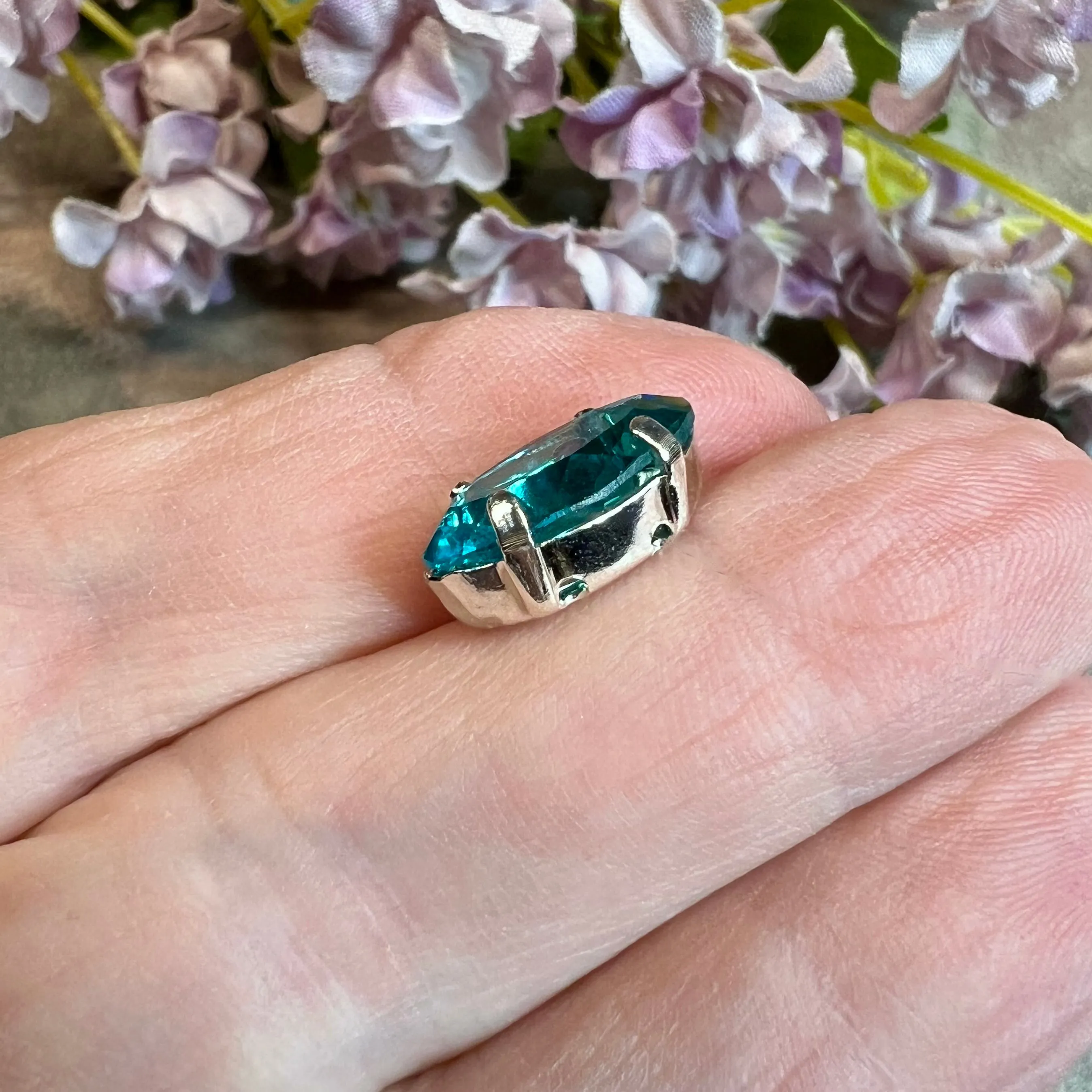 Blue Zircon, Rare Vintage Swarovski 14x7mm Rounded Navette, With Setting