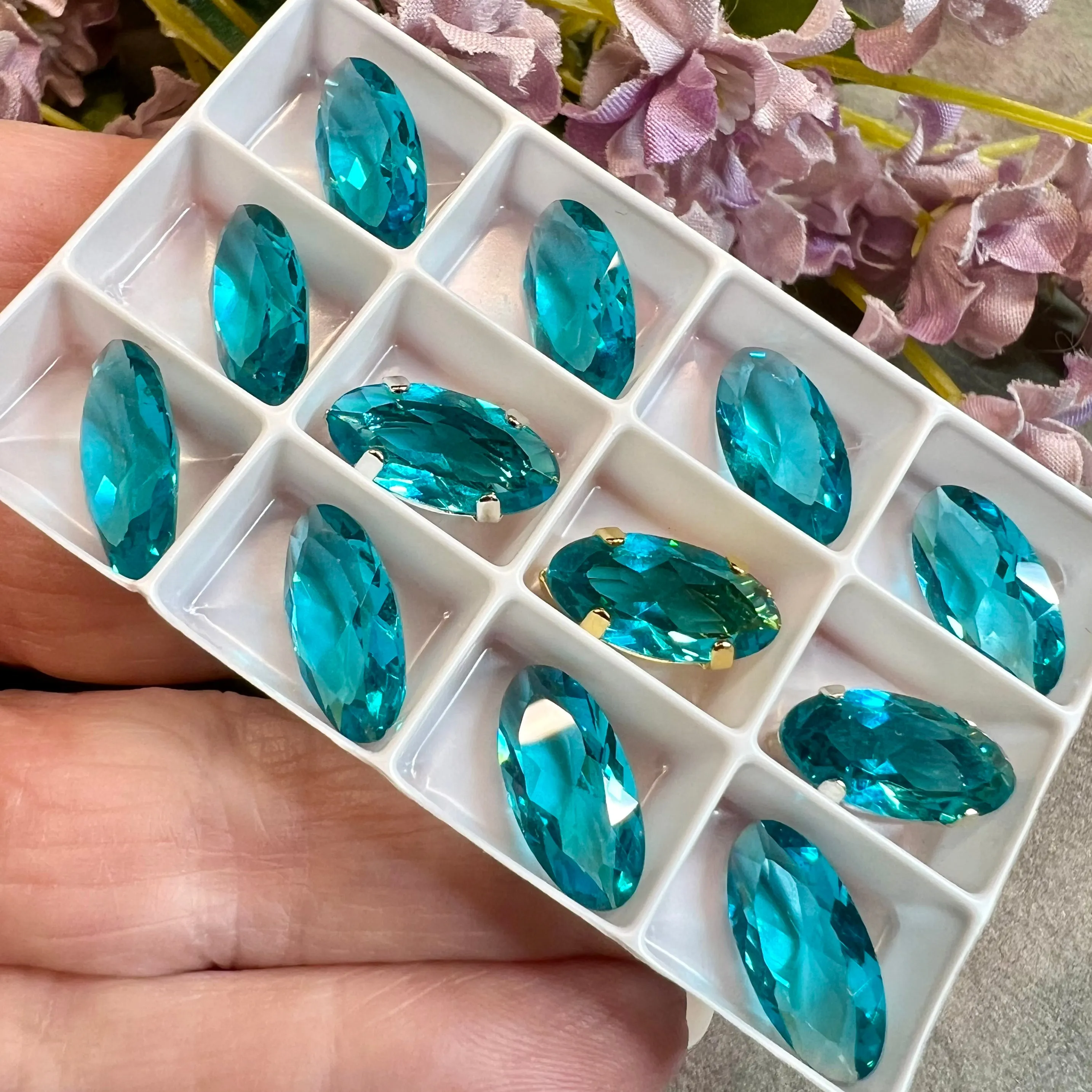 Blue Zircon, Rare Vintage Swarovski 14x7mm Rounded Navette, With Setting