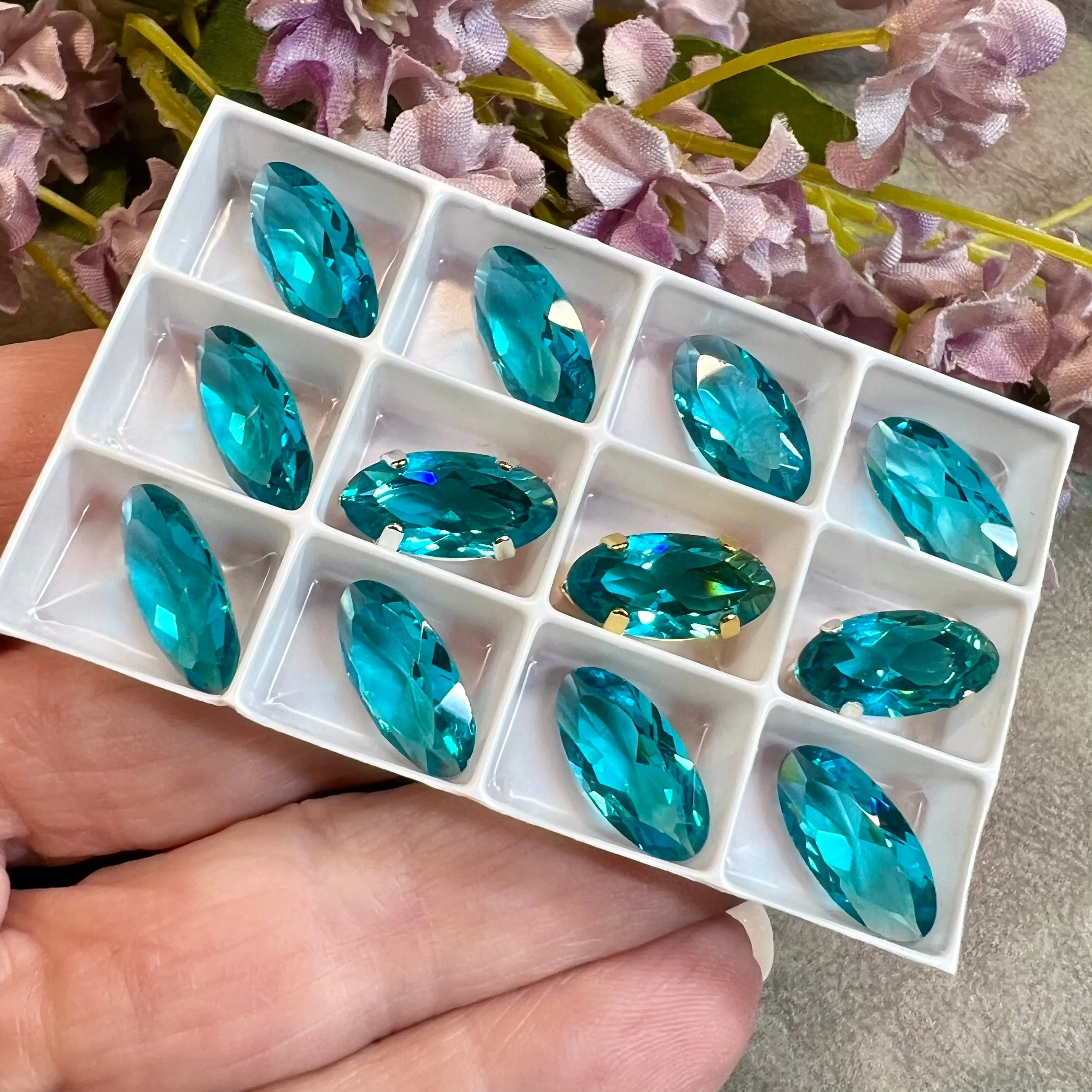 Blue Zircon, Rare Vintage Swarovski 14x7mm Rounded Navette, With Setting