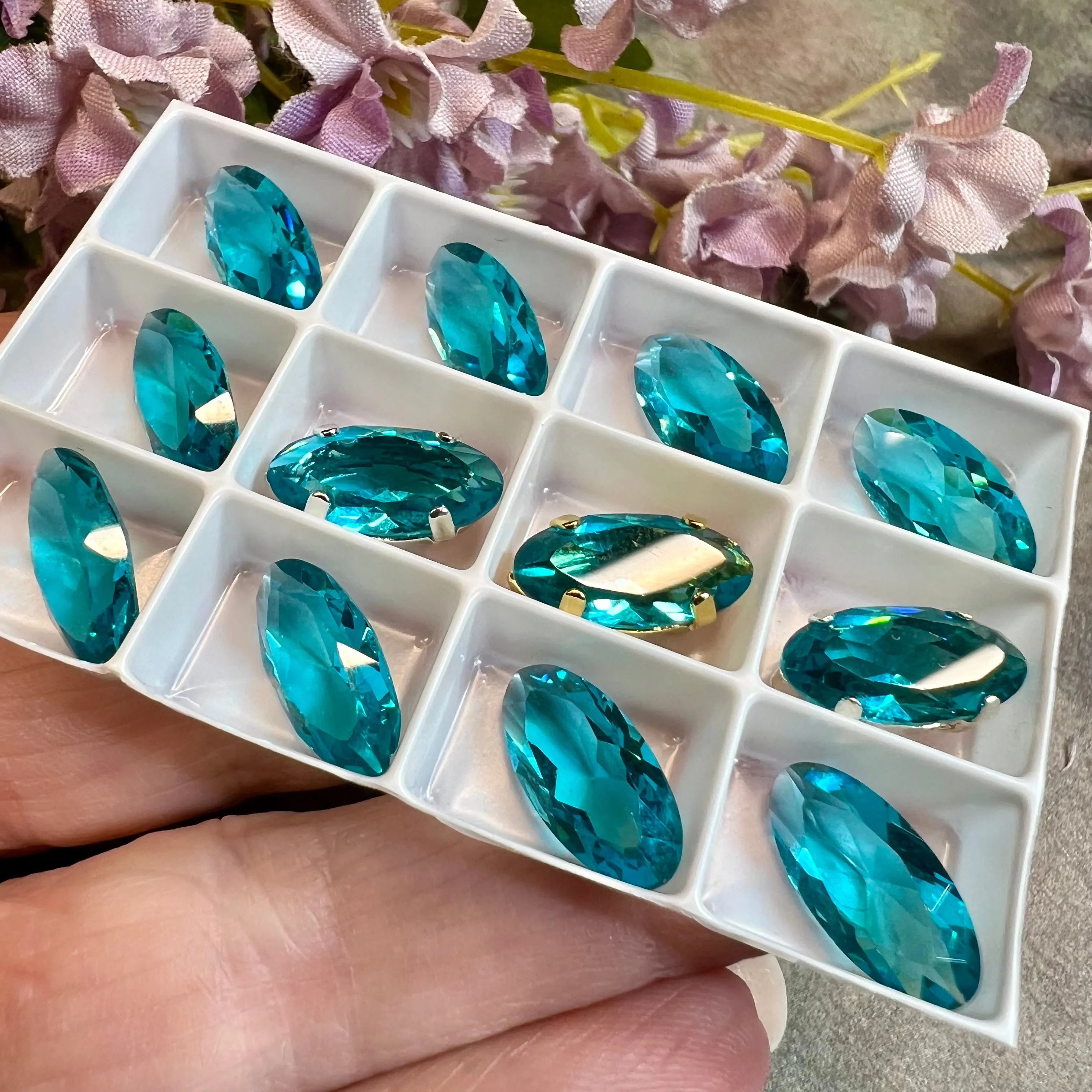 Blue Zircon, Rare Vintage Swarovski 14x7mm Rounded Navette, With Setting