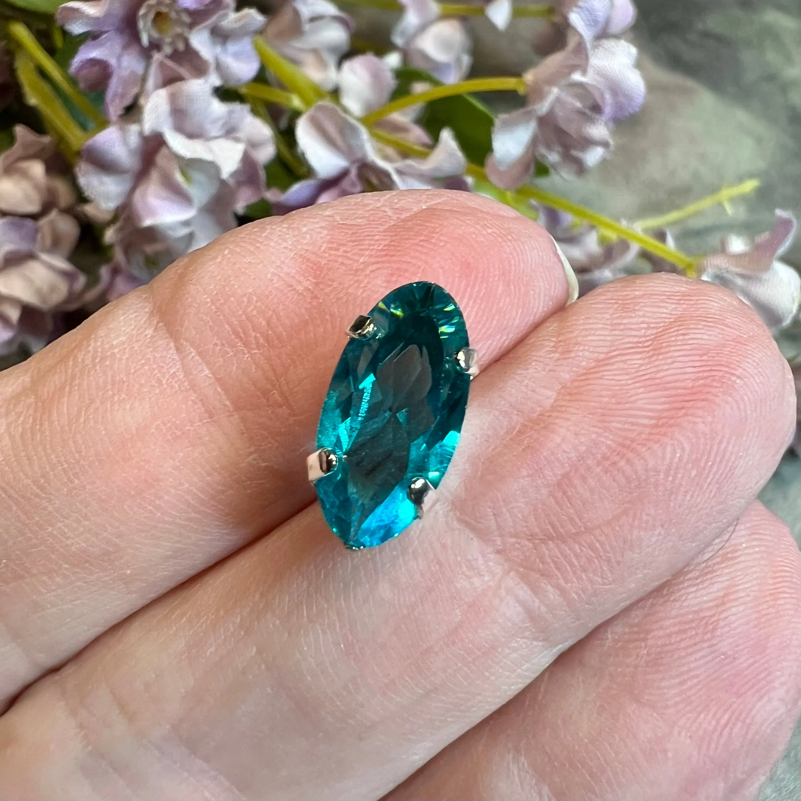 Blue Zircon, Rare Vintage Swarovski 14x7mm Rounded Navette, With Setting