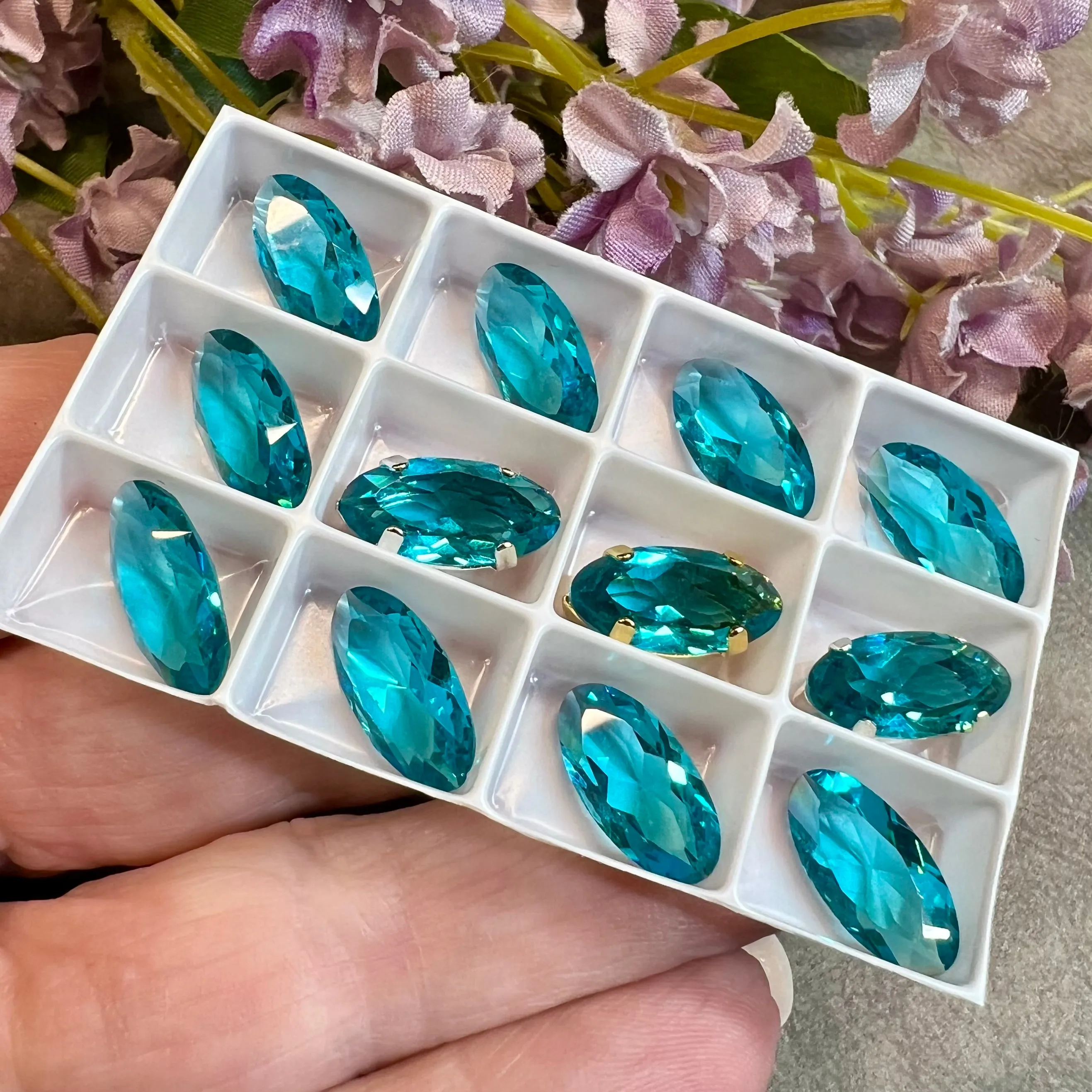 Blue Zircon, Rare Vintage Swarovski 14x7mm Rounded Navette, With Setting
