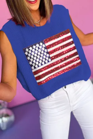 Bluing American Flag Stud Sequin Pearl Stud Waffle Knit Tank Top