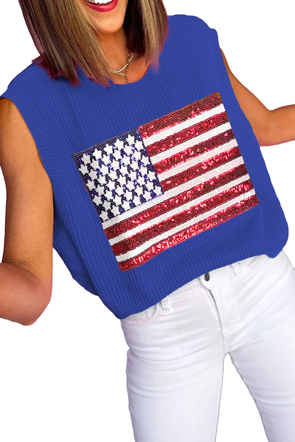 Bluing American Flag Stud Sequin Pearl Stud Waffle Knit Tank Top