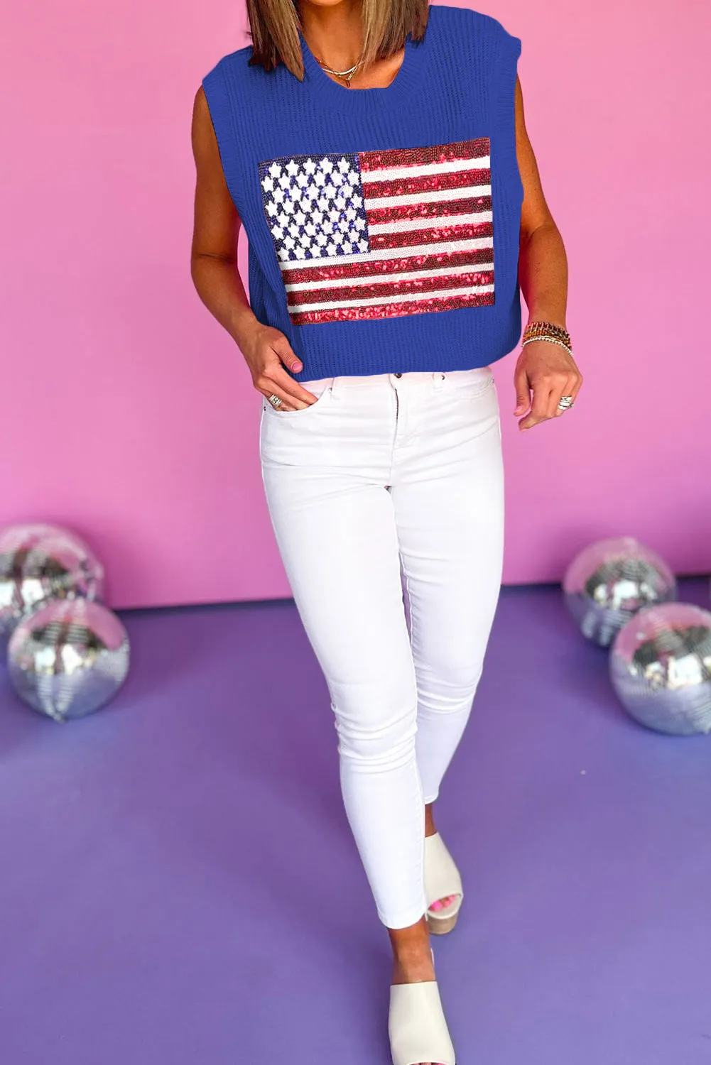 Bluing American Flag Stud Sequin Pearl Stud Waffle Knit Tank Top
