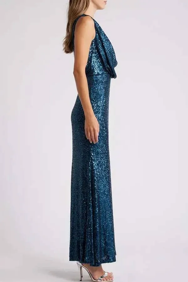 Born To Party Sequin Cowl Neck Drape Gown Stretch Maxi Dress