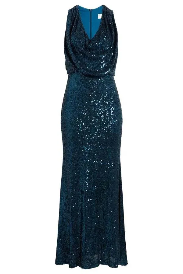 Born To Party Sequin Cowl Neck Drape Gown Stretch Maxi Dress