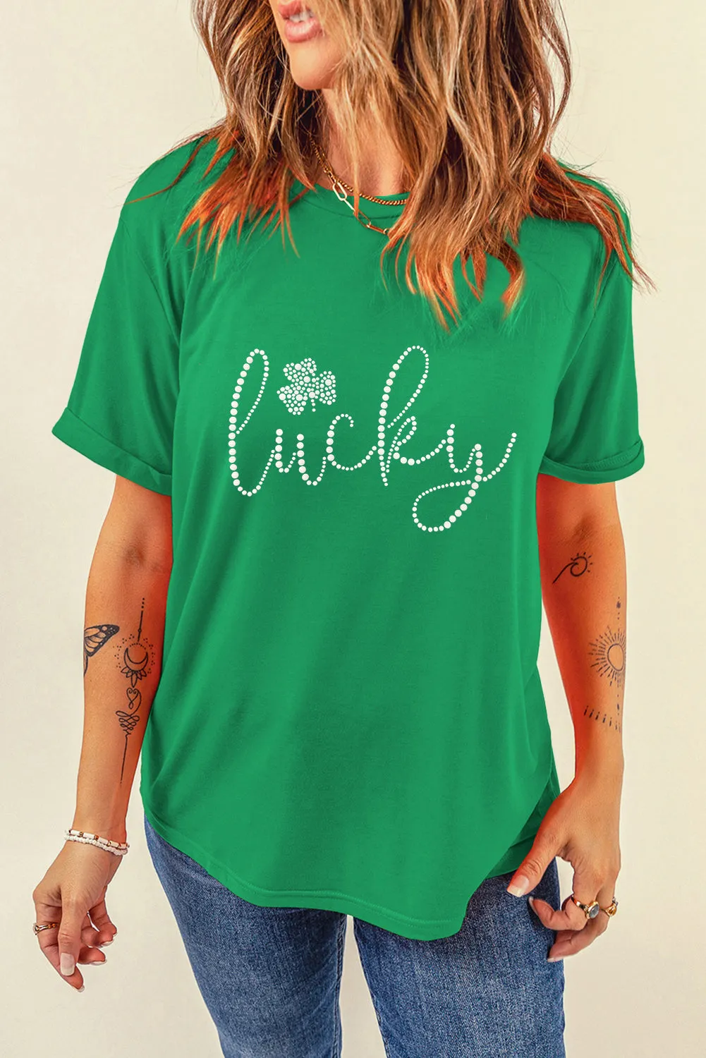 Bright Green Ceramic Rhinestone Lucky Clover Graphic Tee