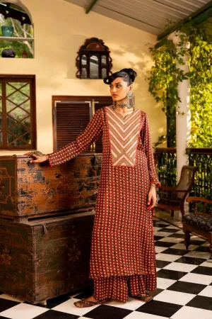 Brown Printed  & Embroidered Kurta set