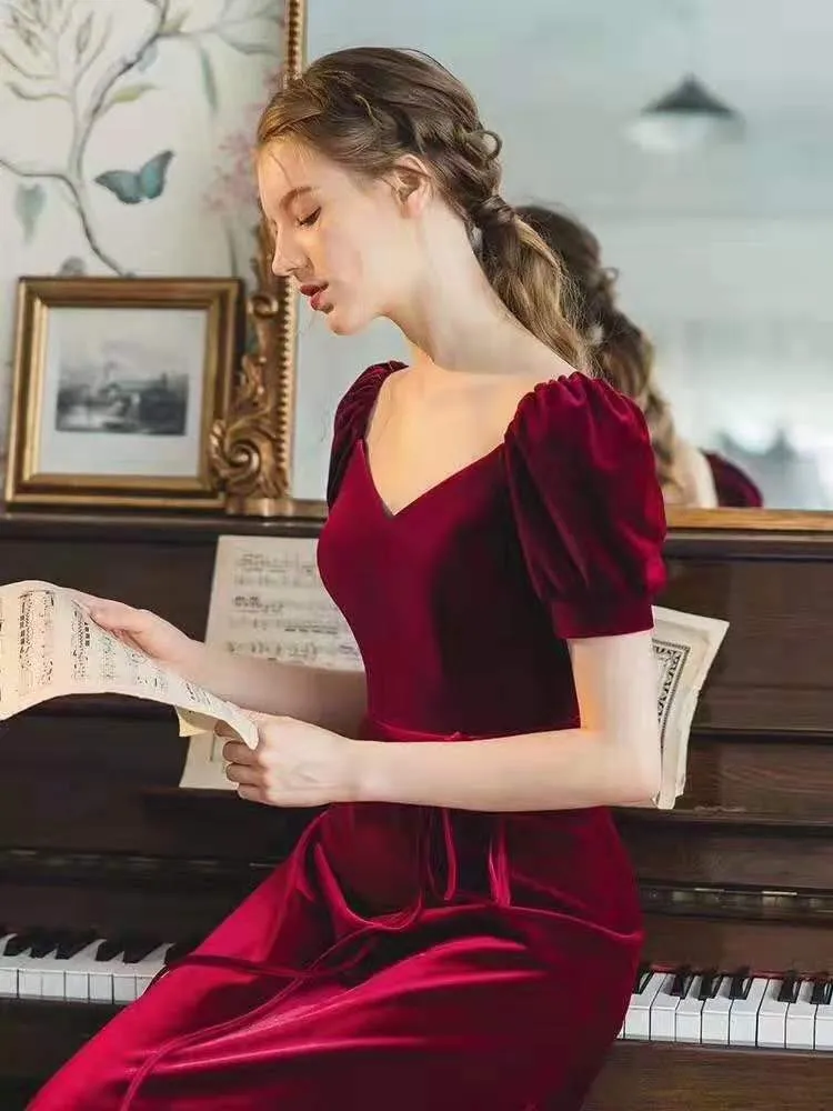 Burgundy Velvet Long Prom Gowns with Puffy Sleeves