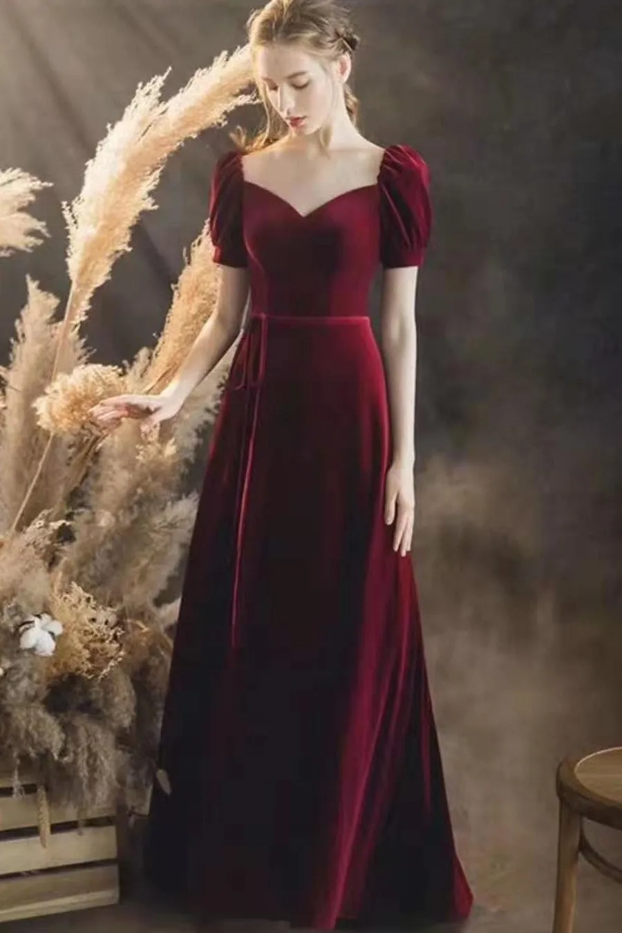 Burgundy Velvet Long Prom Gowns with Puffy Sleeves