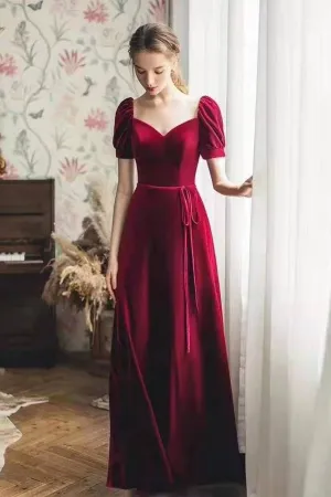 Burgundy Velvet Long Prom Gowns with Puffy Sleeves