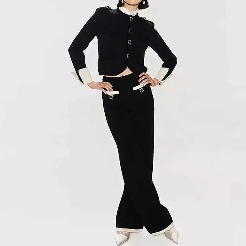 Button-Up Cropped Jacket   Wide-Leg Pantsuit Black Formal Suit