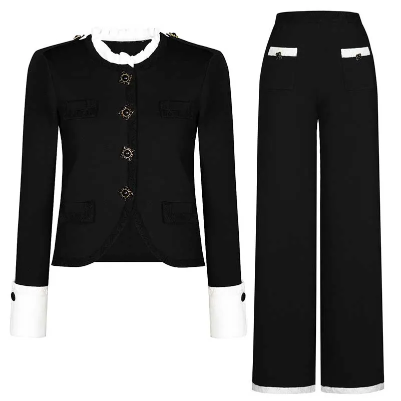 Button-Up Cropped Jacket   Wide-Leg Pantsuit Black Formal Suit