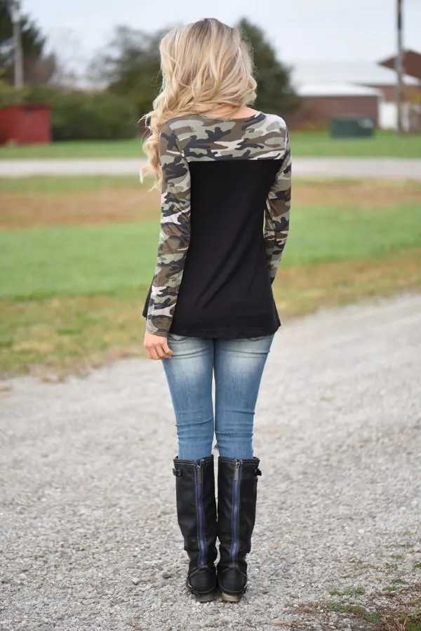 Camo Sparkle Pocket Top ~ Black